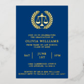 Law School Schalen van Justitie Navy Gold Afstudee Folie Uitnodiging (Voorkant)
