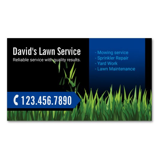 Lawn Care Landscaping Maaien Zwart & Blauw Magnetisch Visitekaartje (Voorkant)