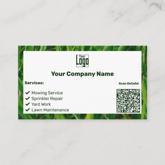 Lawn Care Service Green White Logo QR Code Visitekaartje (Voorkant)