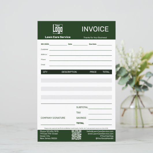 Lawn Care Service Logo QR Code Business Invoice (Staand voorkant)