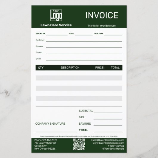 Lawn Care Service Logo QR Code Business Invoice (Voorkant)