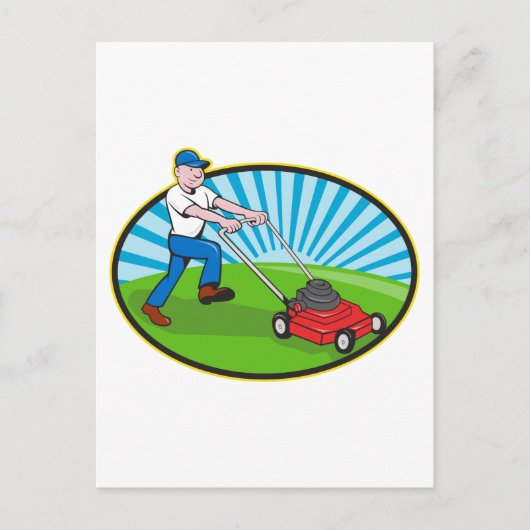 Lawn Mower Man Gardener Cartoon Briefkaart (Voorkant)