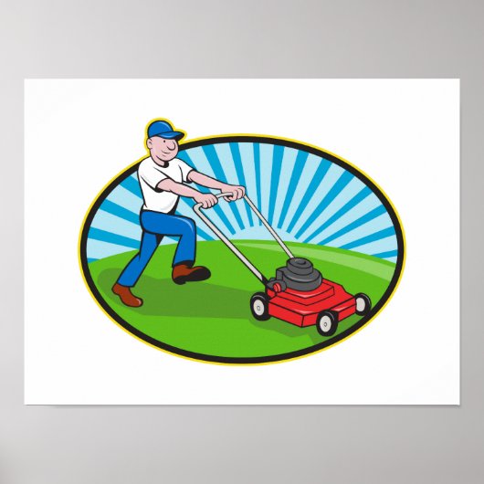Lawn Mower Man Gardener Cartoon Poster (Voorkant)