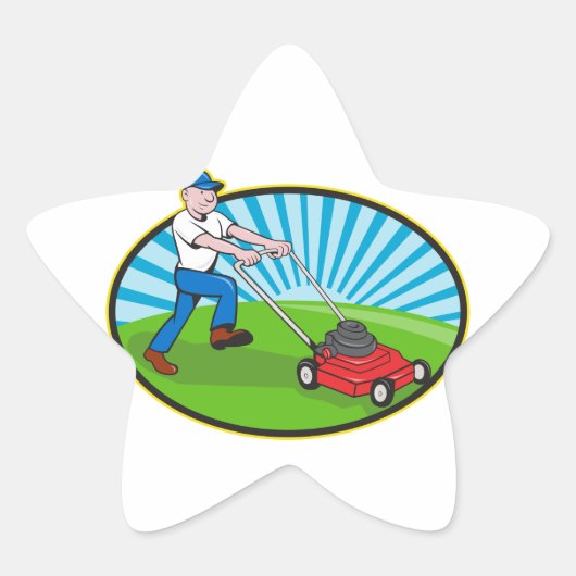 Lawn Mower Man Gardener Cartoon Ster Sticker (Voorkant)
