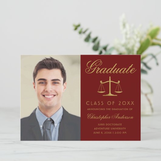 Lawyer Maroon Gold Script Photo Afstuderen Aankondiging (Staand voorkant)