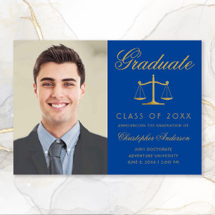 Lawyer Royal Blue Gold Script Photo Afstuderen Aankondiging