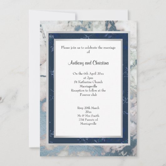 LAYER NAVY BLUE SILVER MARBLE WEDING KAART (Voorkant)
