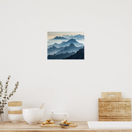 Layers of Serenity: Foggy Mountains bij zonsopgang Poster (Keuken)