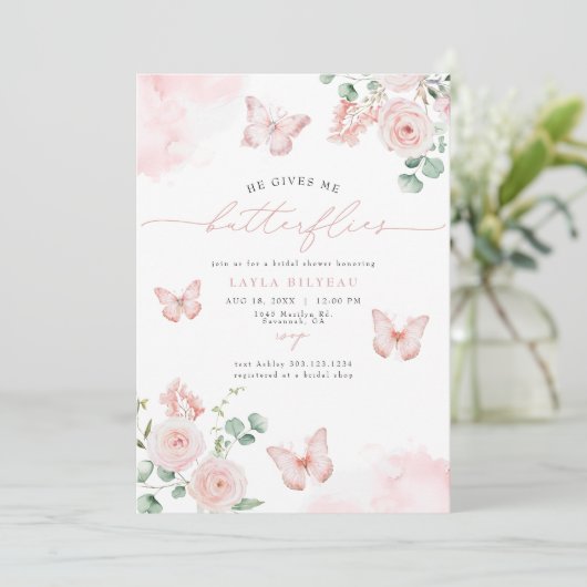 LAYLA Blush Hij geeft me vlinders Vrijgezellenfees Kaart (Staand voorkant)