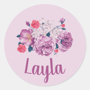 Layla Naam Bloemen Aangepaste Bloem Roze Meisje Ronde Sticker