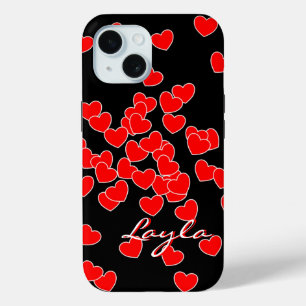 Layla - Sjabloon tekst, troebel rood hart op zwart iPhone 15 Case