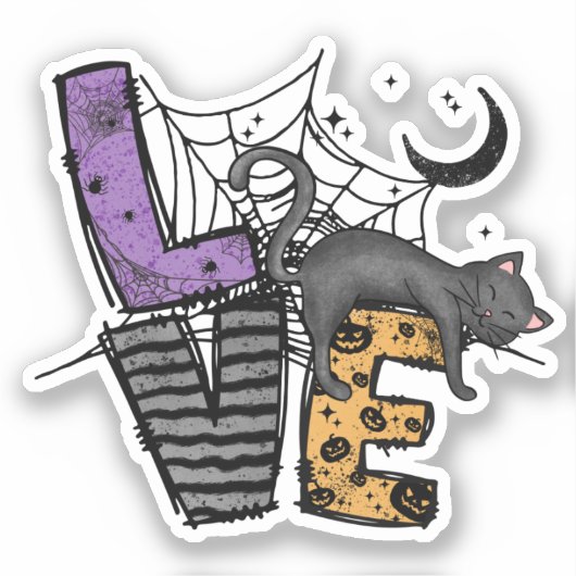Lazy Black Cat in Spider Web met Love Sticker (Voorkant)