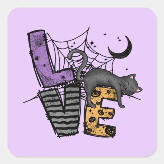 Lazy Black Cat in Spider Web met Love Vierkante Sticker (Voorkant)