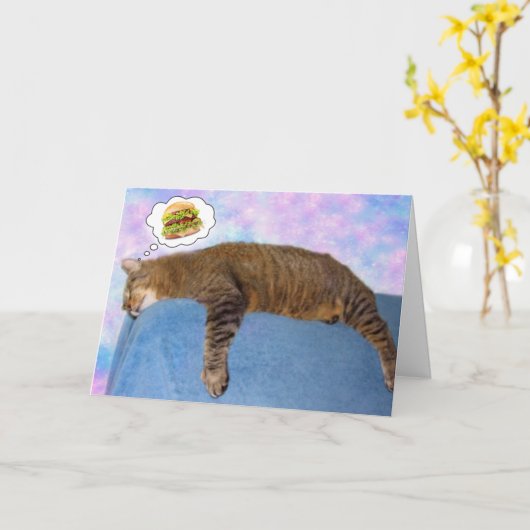 Lazy Cat en Cheeseburger Birthday Kaart (Gele Bloem)