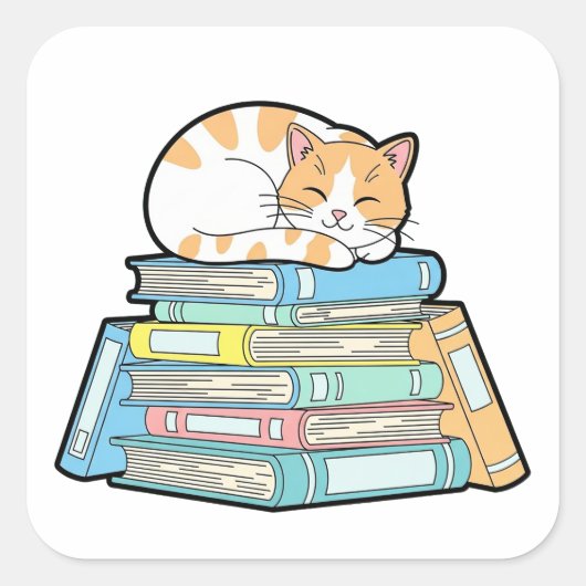 Lazy Cat on Books – Cute Cozy Illustration Vierkante Sticker (Voorkant)