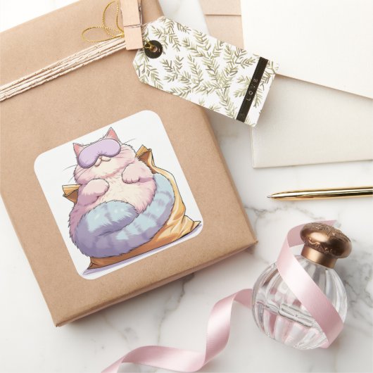Lazy Cat Snack Nap Vierkante Sticker (Geschenken)
