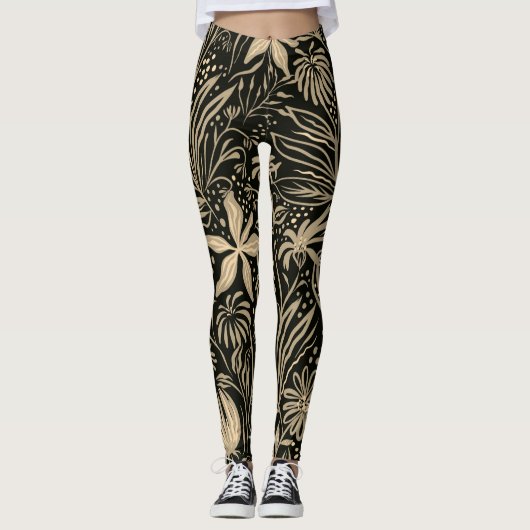 Lazy Floral Pattern in Gold op Black Leggings (Voorkant)