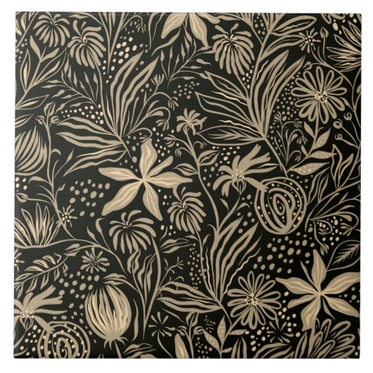 Lazy Floral Pattern in Gold op Black Tegeltje (Voorkant)