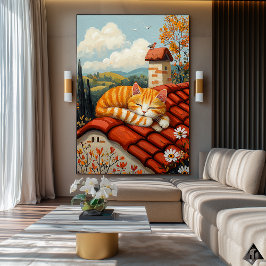 Lazy Rooftop Cat – Naïf Cozy Countryside Art Poster