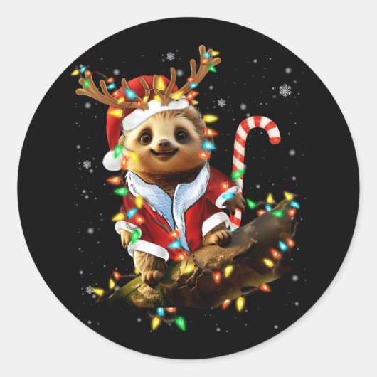 Lazy Sloth Lover Xmas Sloth rendieren licht Merry  Ronde Sticker (Voorkant)