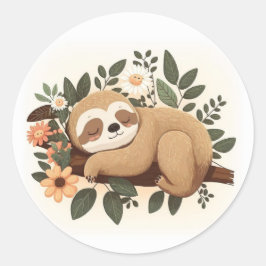 Lazy sloth sleeping on a branch cartoon            ronde sticker