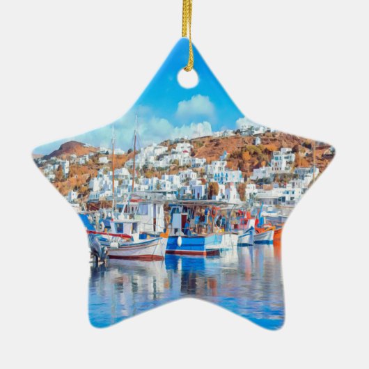 ldp MYKONOS - vissersboten - haven - panorama Keramisch Ornament (Achterkant)