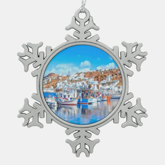 ldp MYKONOS - vissersboten - haven - panorama Tin Sneeuwvlok Ornament (Voorkant)