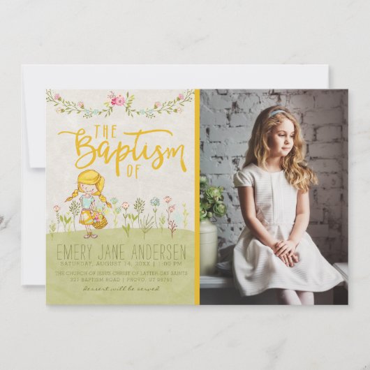 LDS BAPTISM FOTO-INVITATIE | Cute Floral Girl Kaart (Voorkant)