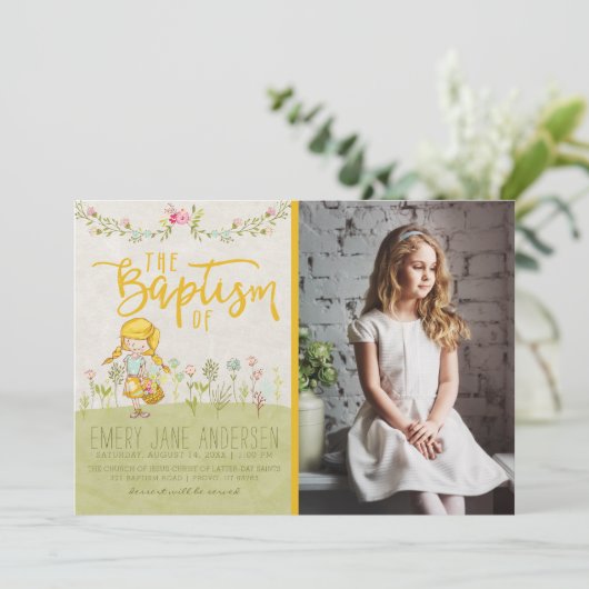 LDS BAPTISM FOTO-INVITATIE | Cute Floral Girl Kaart (Staand voorkant)