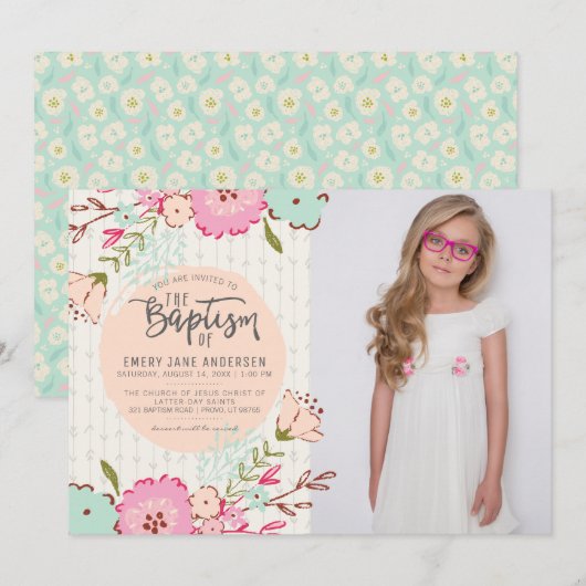 LDS BAPTISM FOTO-INVITATIE | Elegant Floral Girl Kaart (Voorkant / Achterkant)
