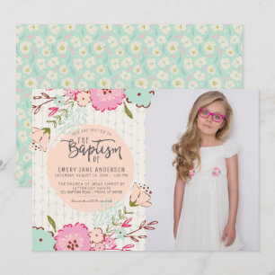 LDS BAPTISM FOTO-INVITATIE   Elegant Floral Girl Kaart