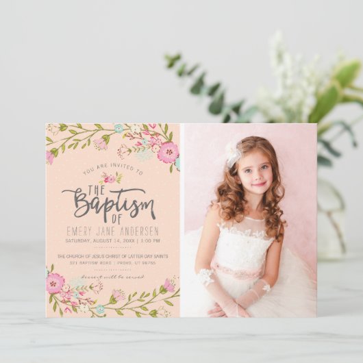 LDS BAPTISM FOTO-INVITATIE | Elegant roze meisje Kaart (Staand voorkant)