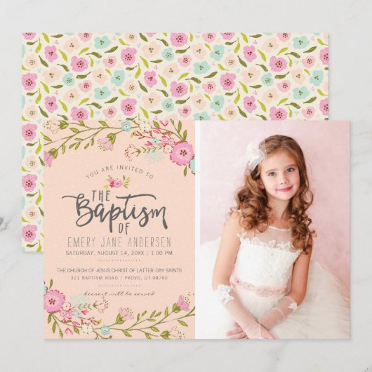 LDS BAPTISM FOTO-INVITATIE | Elegant roze meisje Kaart (Voorkant / Achterkant)