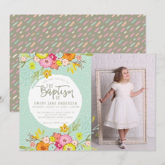 LDS BAPTISM FOTO-INVITATIE | Modern Bright Girl Kaart (Voorkant / Achterkant)