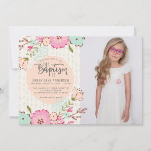 LDS BAPTISM FOTO INVITE   Elegant Floral Girl Kaart