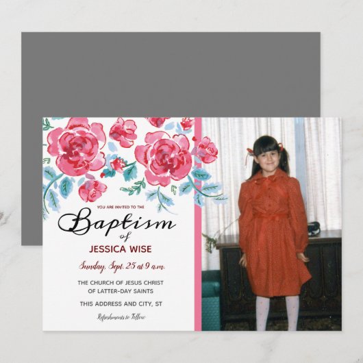 LDS Baptism Girl Waterverf Rozen Floral Kaart (Voorkant / Achterkant)