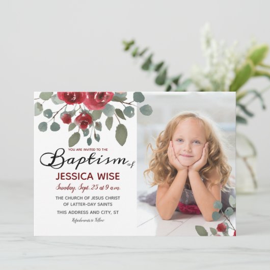 LDS Baptism Girl Waterverf Rozen Floral Kaart (Staand voorkant)