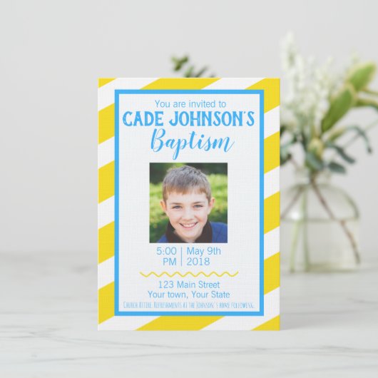 LDS Baptism Invitation BOY - Geel en Blauw Kaart (Staand voorkant)