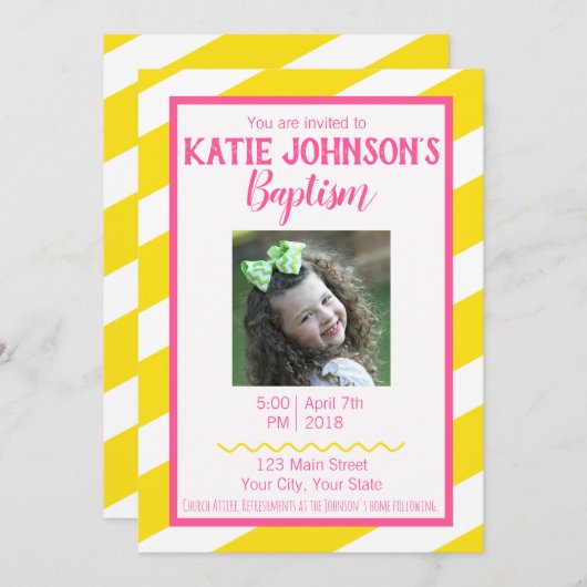 LDS Doop Uitnodiging MEISJE - Geel en Roze (Voorkant / Achterkant)