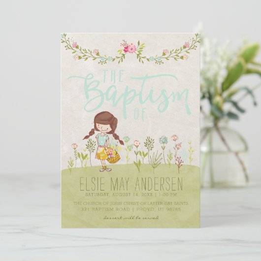 LDS DOOPUITNODIGING | Schattige Bloemmeisje Kaart (Staand voorkant)