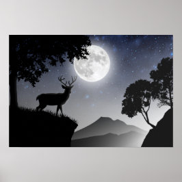 Le cerf sous la lune noir et blanc poster