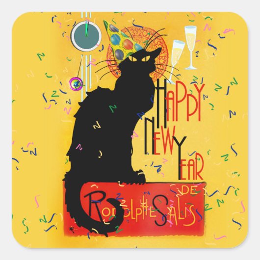Le Chat Noir Happy Nieuwjaar Vierkante Sticker (Voorkant)