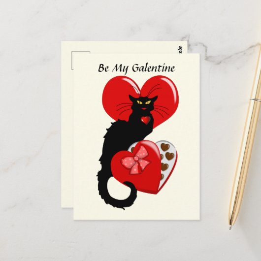 Le Chat Noir Hart Snoepjes Valentijnsdag Briefkaart (Voorkant / Achterkant in situ)