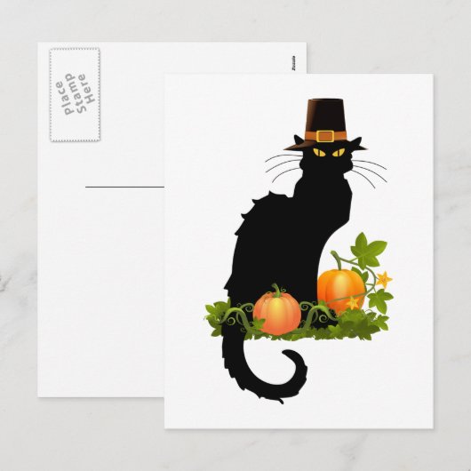 Le Chat Noir Thanksgiving en pelgrim Turkije Feestdagenkaart (Voorkant / Achterkant)