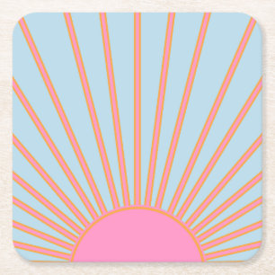 Le Soleil 02 Retro Zon Roze En Blauw Zonneschijn Kartonnen Onderzetters