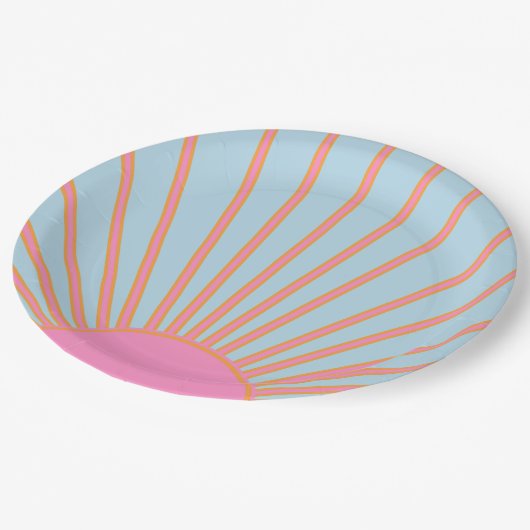 Le Soleil 02 Retro Zon Roze En Blauw Zonneschijn Papieren Bordje (Gekanteld)