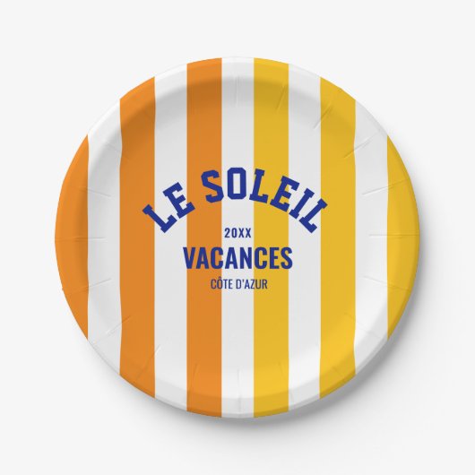 Le Soleil Vacances Côte d'Azur Stripe Ronde Papieren Bordje (Voorkant)