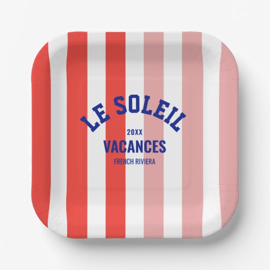 Le Soleil Vacances Franse Rivièra Cabana Stripe Papieren Bordje (Voorkant)