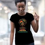 Leads, Inspires, Transforms Black History Month T-shirt<br><div class="desc">Vier Black History Month met dit krachtige T-shirt met een opvallend portret van een sterke zwarte vrouw versierd met levendige Pan-Afrikaanse kleuren en de woorden "Leads, Inspires, Transforms." Dit ontwerp eert de nalatenschap van zwarte leiders, baanbrekers en changemakers die transformatie en vooruitgang hebben geïnspireerd. Dit T-shirt is ideaal voor alledaagse...</div>