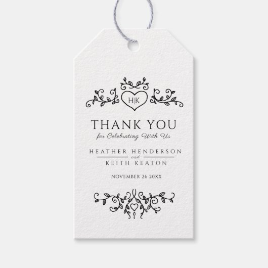 Leaf art hart monogram mono bruiloft dank u cadeaulabel (Voorkant)